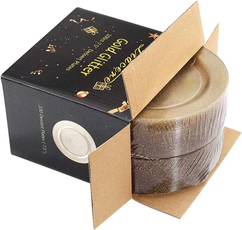 Miniatura 6 de Liacere 100 platos de plástico dorados, platos desechables de purpurina dorada para aperitivos, platos de ensalada/postre de plástico de alta