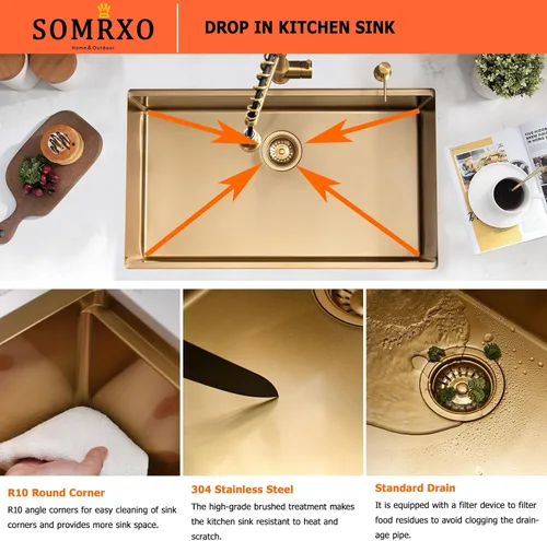 Miniatura 5 de Fregadero de cocina dorado de 32 x 19 pulgadas, acero inoxidable de calibre 16, fregadero de cocina dorado de 10 pulgadas de profundidad, incluye