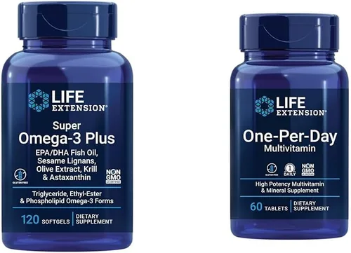 Life Extension Aceite de pescado Super Omega-3 Plus EPA/DHA, lignanos de sésamo, extracto de oliva y multivitamínico de uno por día, repleto de más
