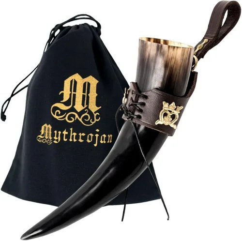 Miniatura 32 de Mythrojan Cuerno vikingo para beber 100% natural, auténtico, decoración de latón, cuerno nórdico con funda de cuero negro, bolsa de lona para vino