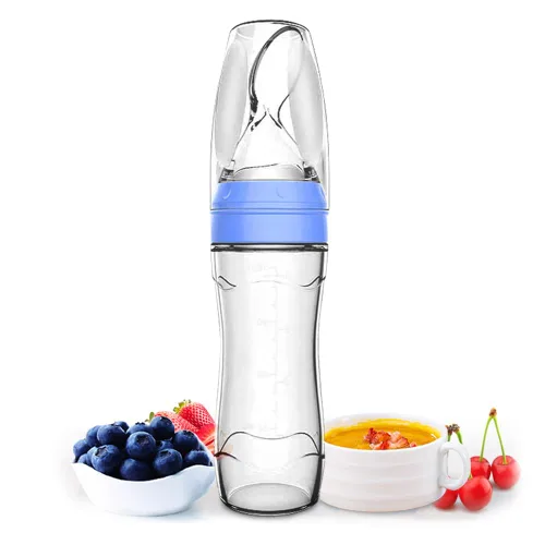 Miniatura 10 de Matyz Juego de 2 cucharas dispensadoras de alimentos de silicona para bebés (azul, 4 onzas/4.1 fl oz), alimentador de biberones exprimible de pie