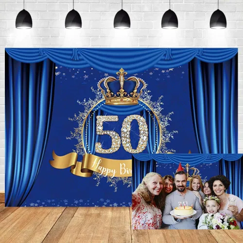 Telón de fondo de feliz cumpleaños 50 años, cortina azul real de lujo, corona azul dorado, fondo fotográfico, celebración de cumpleaños de niño y