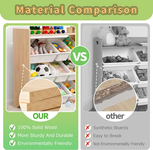 Miniatura 5 de MallBest Organizador de juguetes para niños con 9 contenedores – Estante de almacenamiento de 4 niveles 100% madera maciza para sala