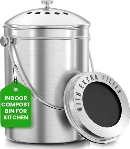 Utopia Kitchen contenedor de compost para interior, compostaje sin olor con filtro de carbón, compostador grande de acero inoxidable de 1.3 galones