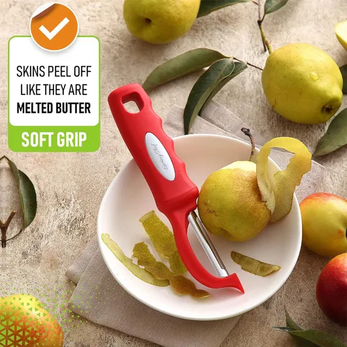 Miniatura 4 de Spring Chef Pelador de verduras giratorio profesional rojo para cocina, peladores de papas de acero inoxidable con mango de agarre suave, perfecto