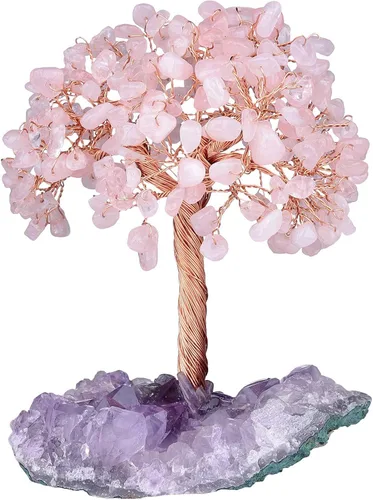 Miniatura 13 de mookaitedecor Árbol de cuarzo rosa natural, cuarzo de roca y cristal citrino con base de cristal de racimo de amatista, figuras de árbol de dinero