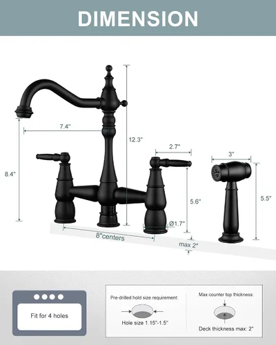 Miniatura 6 de ALEASHA Grifo de Fregadero de Cocina en Forma de Puente, Grifo de Cocina de Montaje en Cubierta de Latón con Rociador Lateral, Grifo de Cocina