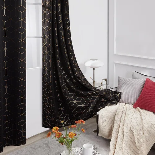 Miniatura 5 de Deconovo Cortinas opacas, aislamiento térmico y reducción de ruido, estampado de lámina de diamante – ojales en la parte superior, 2 paneles, Negro