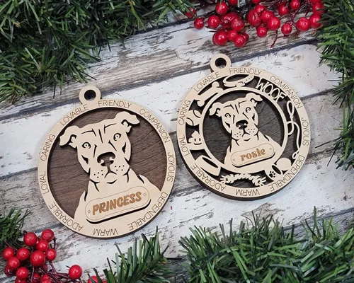 Miniatura 2 de Adorno de Navidad personalizado de madera para perro de 3 pulgadas, nombre y texto personalizables, hecho a mano en Estados Unidos, diseño de corte