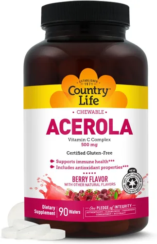 Country Life Complejo de vitamina C de Acerola, 500 mg, obleas masticables con sabor a bayas, apoya la salud inmunológica, 90 obleas, certificado