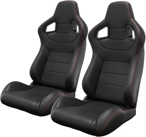 Miniatura 25 de 2 piezas de asientos universales de carreras con deslizadores de doble bloqueo, 1 par de asientos de cubo de cuero PVC con dos almohadas de Negro