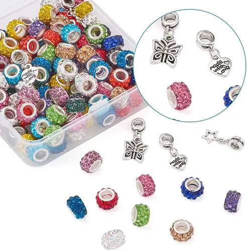 Miniatura 2 de Craftdady 150 cuentas europeas de arcilla polimérica con agujeros grandes, cuentas espaciadoras de diamantes de imitación, 15 colores con 6