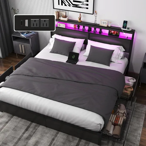 Miniatura 9 de Fabulis Marco de cama tamaño completo con 4 cajones de almacenamiento y cabecero con estación de carga y luces LED, almacenamiento de cabecero