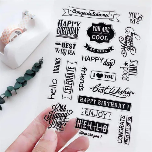 Sellos transparentes de palabras de bendición, diseño de banderines de palabras de felicitación, sellos transparentes de goma de silicona para