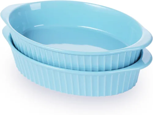 Miniatura 12 de LEETOYI Juego de 2 sartenes ovaladas de porcelana para gratinar para 1 o 2 personas, utensilios para hornear con doble asa para cocina y hogar, Azul
