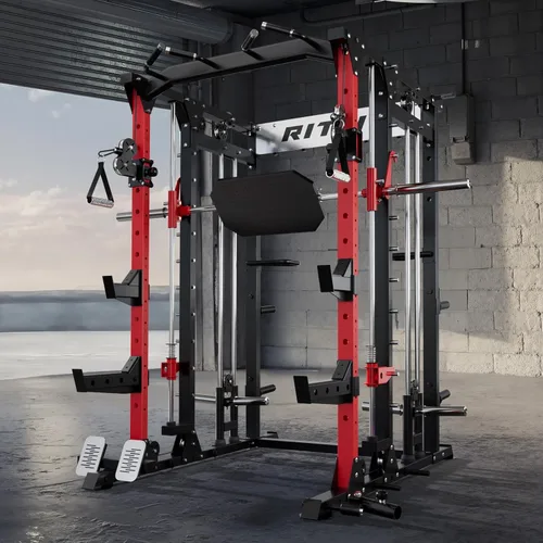 Miniatura 8 de RitFit Máquina Buffalo Smith, jaula eléctrica con sistema LAT-Pull Down y sistema de cruce de cables, estante de sentadillas todo en uno para Rojo