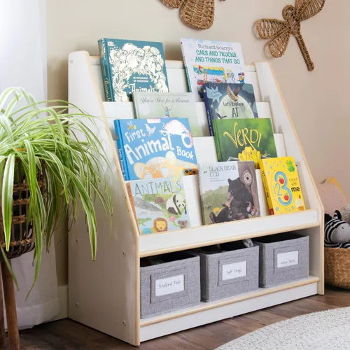 Miniatura 10 de Guidecraft EdQ - Expositor de libros y contenedores naturales con 3 contenedores de tela de almacenamiento: estanterías multiusos de madera