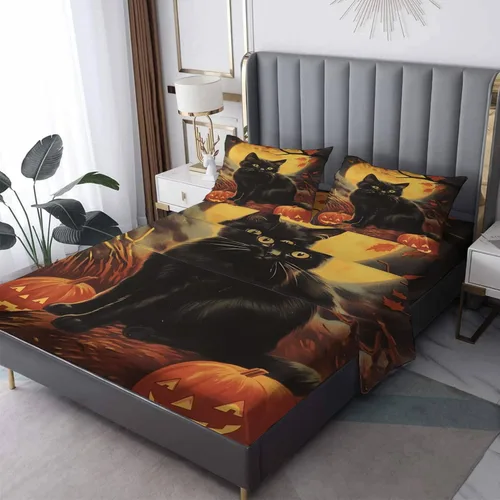 Sábanas de Halloween tamaño individual XL, sábanas de calabaza de gato negro, sábanas y fundas de almohada de 3 piezas, sábana bajera ajustable de