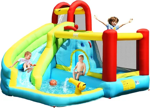 Miniatura 12 de HONEY JOY Tobogán acuático inflable y casa de rebote con piscina de chapoteo, pared de escalada, tobogán acuático inflable para interiores