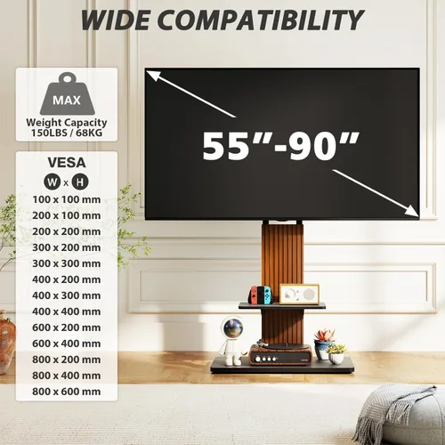 Miniatura 8 de TVON Soporte de TV de suelo resistente para televisores grandes de 55 a 90 pulgadas de hasta 150 libras, soporte de TV alto con montaje ajustable