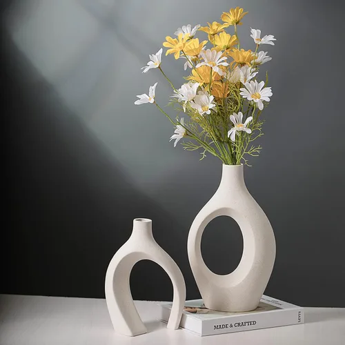 Miniatura 6 de Levvohd XL Juego de 2 jarrones beige de cerámica para decoración moderna del hogar, jarrones huecos florales modernos de estilo bohemio ecléctico