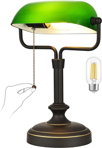 Lámpara de escritorio tradicional de Banker con pantalla de cristal, interruptor de cadena de tracción, bombilla LED incluida (negro antiguo + verde)