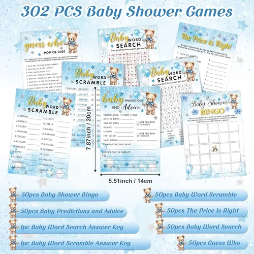 Miniatura 2 de Jetec Juego de 302 piezas para baby shower con temática de oso, 6 juegos que incluyen sopa de letras de baby shower, búsqueda de palabras