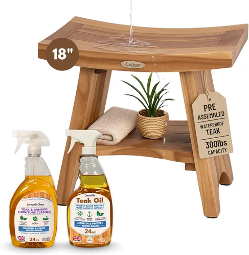 Miniatura 15 de EcoDecors Banco de Ducha de Teca de 18", Capacidad de 300 Libras – Asiento de Baño de Madera Impermeable con Estante, Asiento de Spa para Adultos