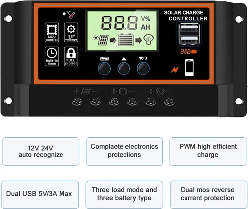 Miniatura 4 de Controlador de carga solar 60A, 12V/24V, pantalla LCD, parámetro ajustable, ajuste del temporizador, USB, regulador de carga automática (negro)