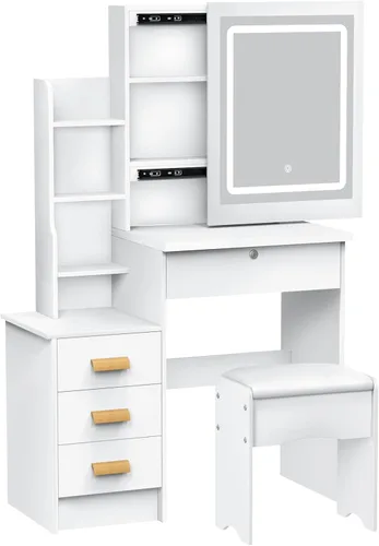 Miniatura 8 de Escritorio de tocador con espejo deslizante, juego de tocador de maquillaje con 6 estantes de almacenamiento, 4 cajones para dormitorio, vestidor