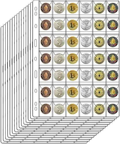Miniatura 8 de Páginas de monedas de 42 bolsillos para coleccionistas, páginas estándar de colección de monedas de 9 agujeros que se adaptan a la mayoría