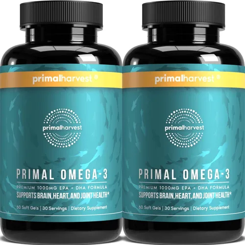 Primal Harvest Suplementos de aceite de pescado Omega 3, 30 porciones de cápsulas de gel blando con 1000 mg de suplementos de EPA + DHA, sin eructos