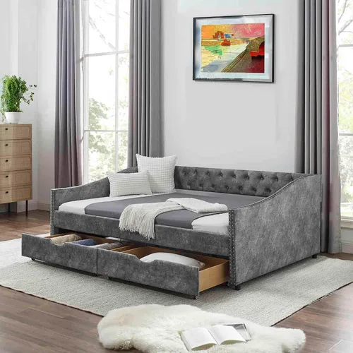 Miniatura 7 de Sofá cama individual con 2 cajones, moderno sofá cama tapizado con botón en la espalda y clavos de cobre en los brazos, sofá cama, marco de cámara