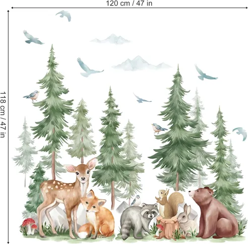 Miniatura 5 de Wondever Adhesivos de pared de árbol de montaña, árbol grande de pino, pegatinas de pared de arte con animales del bosque, oso, zorro, quitar