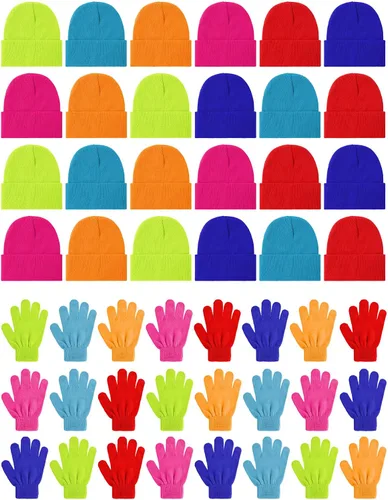 Juego de 48 piezas de gorro y guantes de invierno para niños, paquete a granel, gorro de punto, unisex, paquete de guantes mágicos, regalo de