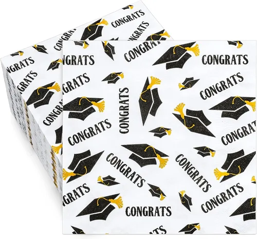 Whaline Servilletas de papel para fiesta de graduación 2026 de 6.5 x 6.5 pulgadas, servilletas desechables blancas y negras, tapas de