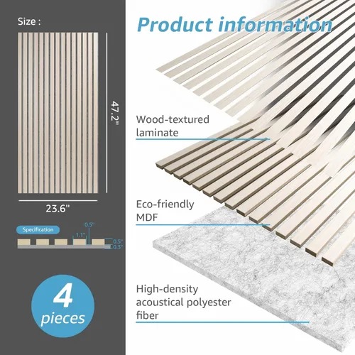 Miniatura 6 de Art3d Paneles Acústicos de Listones de Madera, Juego de 4 – Paneles Acústicos Estriados 3D que Absorben Sonido para Paredes y Techos, Roble Crema