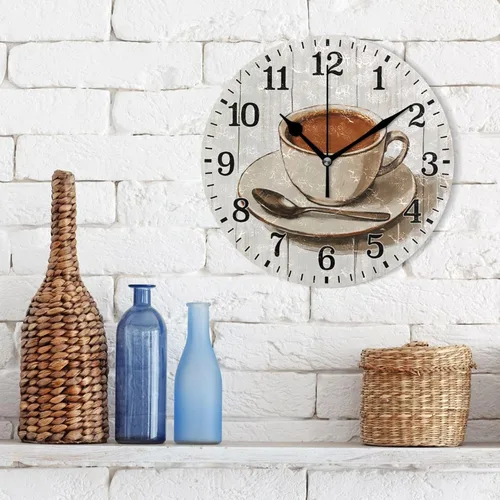Miniatura 4 de JUNZAN Reloj de pared redondo marrón retro para tazas de café de 10 pulgadas, silencioso, para decoración de dormitorio, café