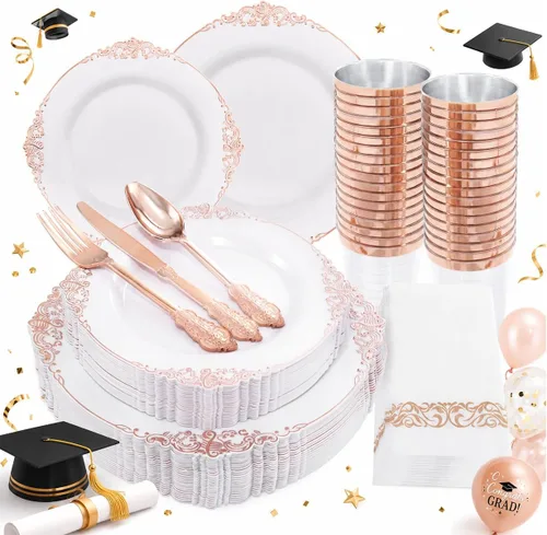 Morejoy - Juego de vajilla de plástico de 175 piezas en oro rosa y plata: 25 platos, 25 tenedores, 25 cuchillos, 25 cucharas, 25 tazas, 25 Oro