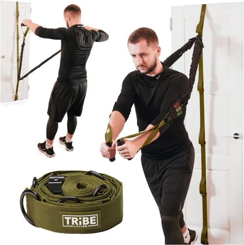 Miniatura 10 de Tribe Lifting Anclaje de banda de resistencia ajustable, anclaje de puerta con 5 bucles y anillos de metal, correa de nailon duradera para Correa
