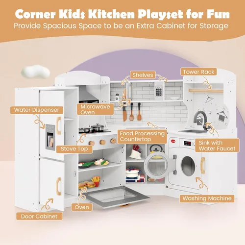 Miniatura 2 de Costzon Juego de cocina esquinera para niños, cocina de madera con sonidos y luces, lavadora, campana extractora, máquina de hielo, microondas