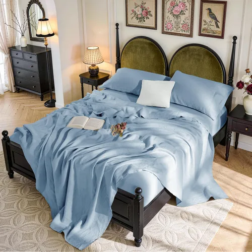 Miniatura 11 de SONORO KATE Sábanas de cama de lino francés 100% puro, tamaño Queen, sábanas de cama de lino transpirables y duraderas, antidesgarro, lavables a