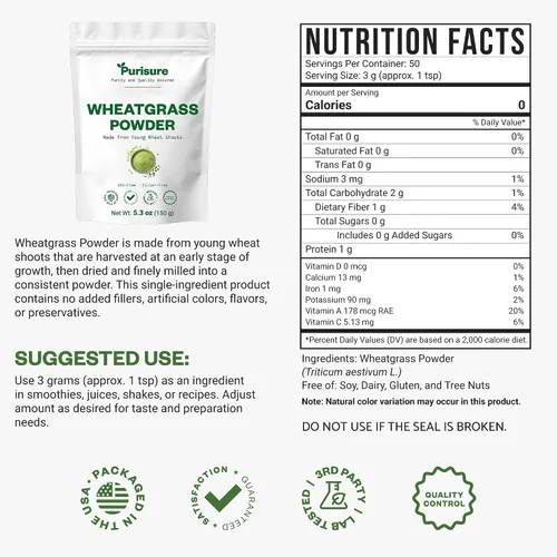 Miniatura 2 de Purisure Polvo de hierba de trigo de 5.29 oz, polvo nutritivo para apoyo a la inmunidad y suplemento alimenticio integral, rico en fibras, vitaminas