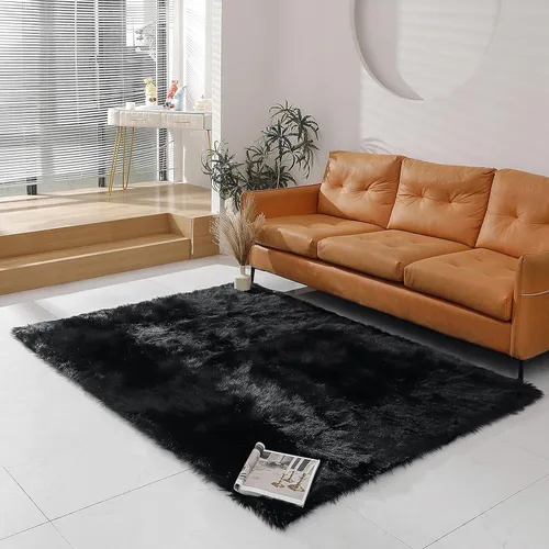 Miniatura 54 de linmopm Alfombra de piel sintética de pelo lanudo esponjoso negro de 2x6 pies para dormitorio, cabecera de la cama, suelo, sala de estar, cojín
