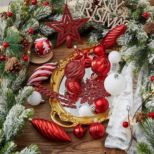 Miniatura 3 de Juego de 100 adornos de bolas navideñas - Surtido de adornos colgantes irrompibles para árbol con paquete de regalo reutilizable portátil para árbol