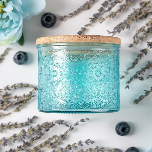 Contenedor de vela de vidrio en relieve de 10 onzas con tapas y etiquetas de bambú, tarros de vela azules para hacer velas, diseño de mandala,