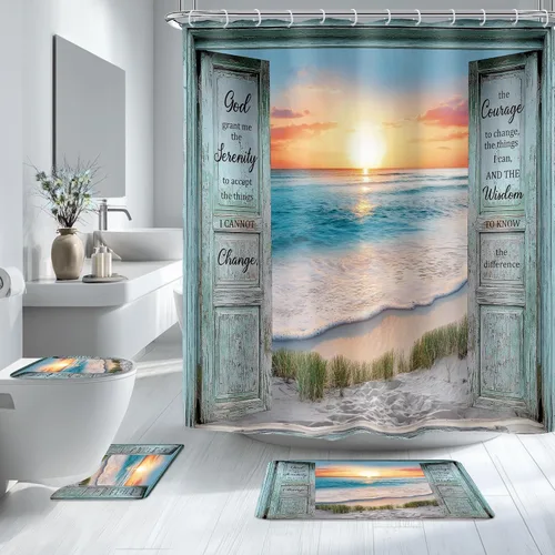Miniatura 22 de Riyidecor Cortina de ducha para puerta de granero verde azulado para decoración de baño, 36 pulgadas de ancho x 72 pulgadas de alto, paisaje