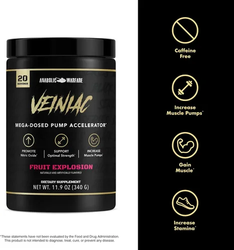 Miniatura 4 de Anabolic Warfare Veiniac - Suplemento activador de bomba muscular sin estimulantes antes del entrenamiento con L-citrulina, betaína anhidra y AGMass