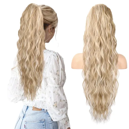 Miniatura 11 de HOOJIH Extensión de cola de caballo, extensiones de cabello con cordón para cola de caballo de 26 pulgadas de largo, pelo rizado y ondulado natural