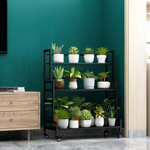 Miniatura 5 de Soporte para plantas de interior, estante de metal de 3 niveles para exterior, con ruedas para múltiples plantas, soporte escalonado para macetas